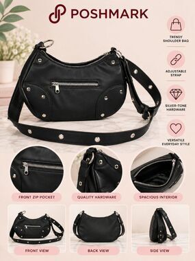 Black Studded Moto Nylon Crescent Shoulder Bag – Y2K Grunge